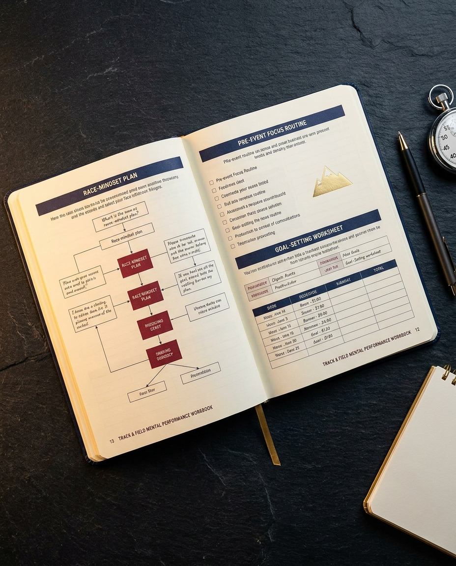 Track & Field workbook spread โ race mindset, focus routine, goal-setting