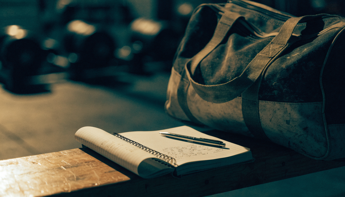 A worn notebook and pen on a bench beside a sports bag in a dim gym