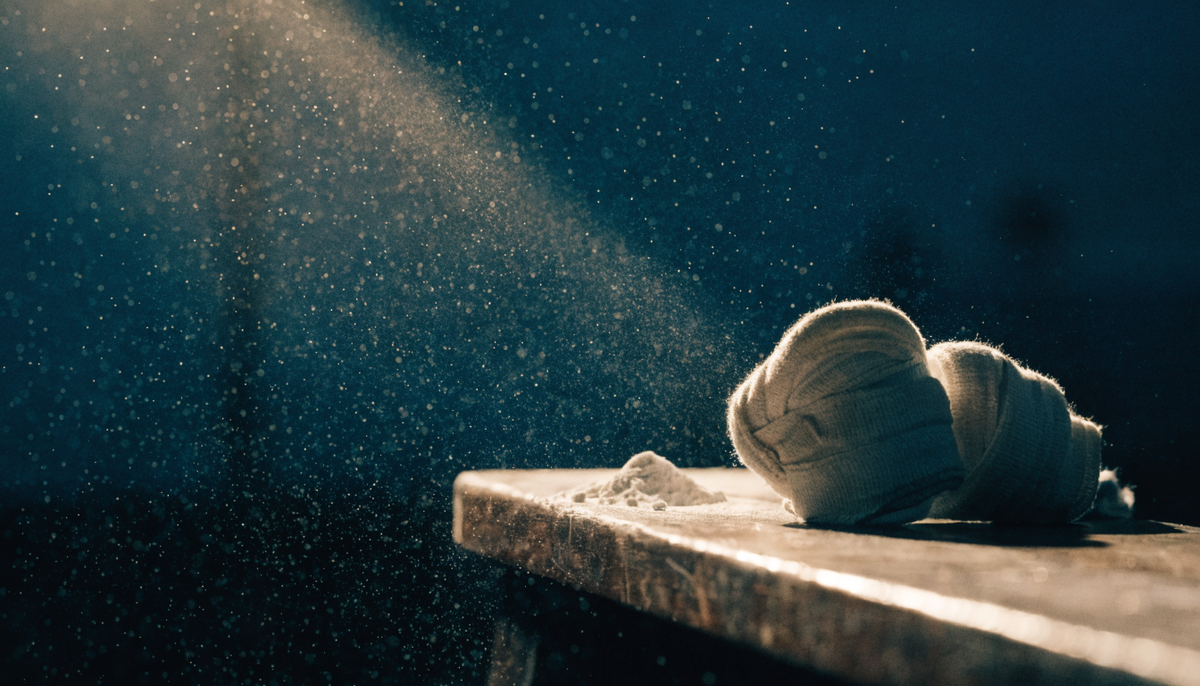 Hand wraps and chalk on a dark bench in a beam of warm light