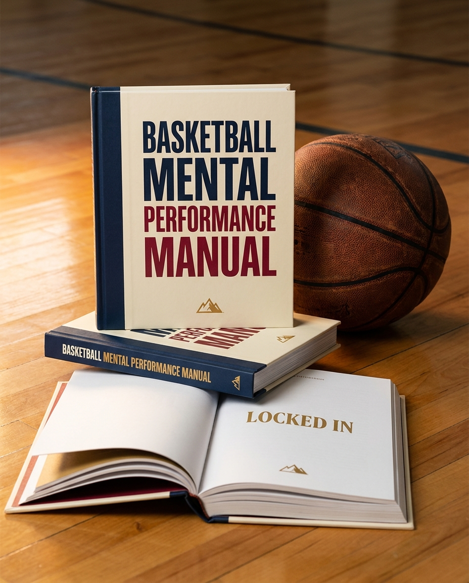 Basketball Mental Performance Manual book on a hardwood court