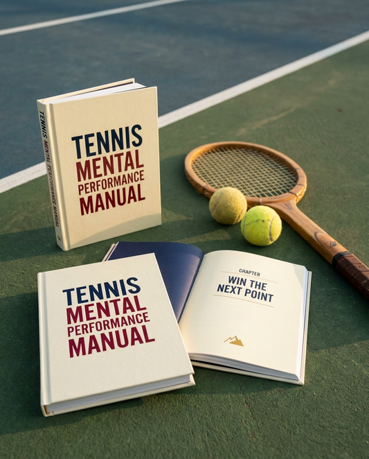 Tennis Mental Performance Manual book on a hard court