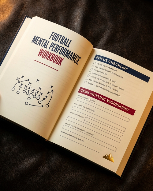 Football workbook spread — playbook, focus checklist, goal-setting