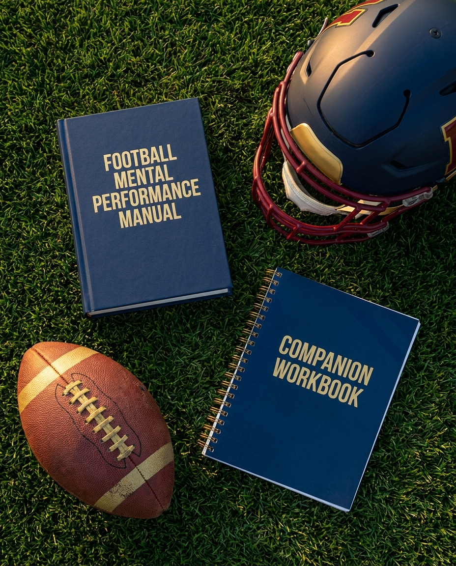 Football manual and workbook flat lay on turf