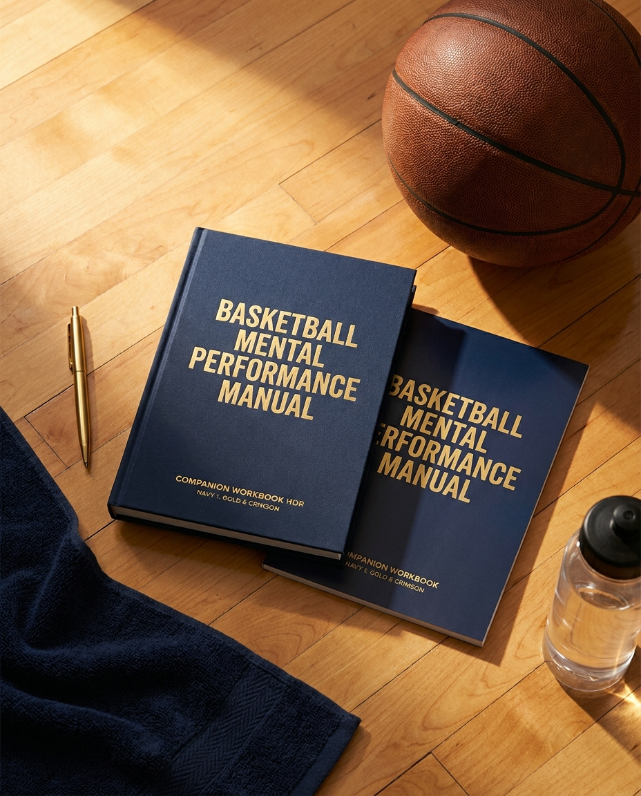 Basketball manual and workbook flat lay on a court