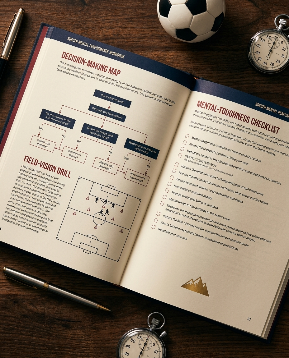 Soccer workbook spread — decision-making, vision drill, mental toughness