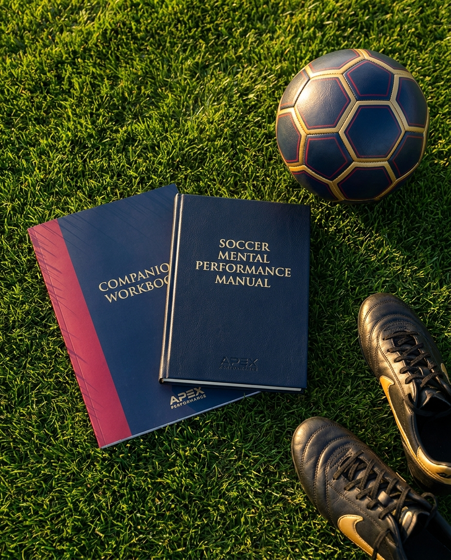 Soccer manual and workbook flat lay on a pitch